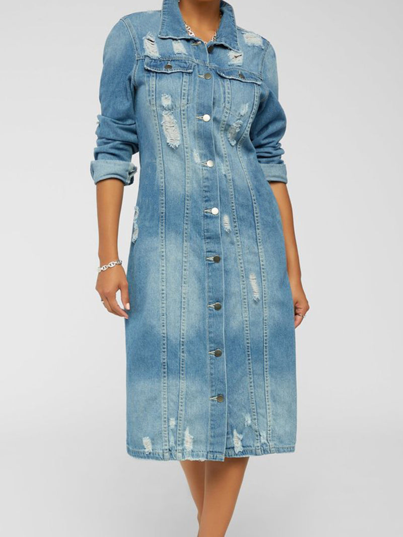 Distressed Denim Button-Front Coat