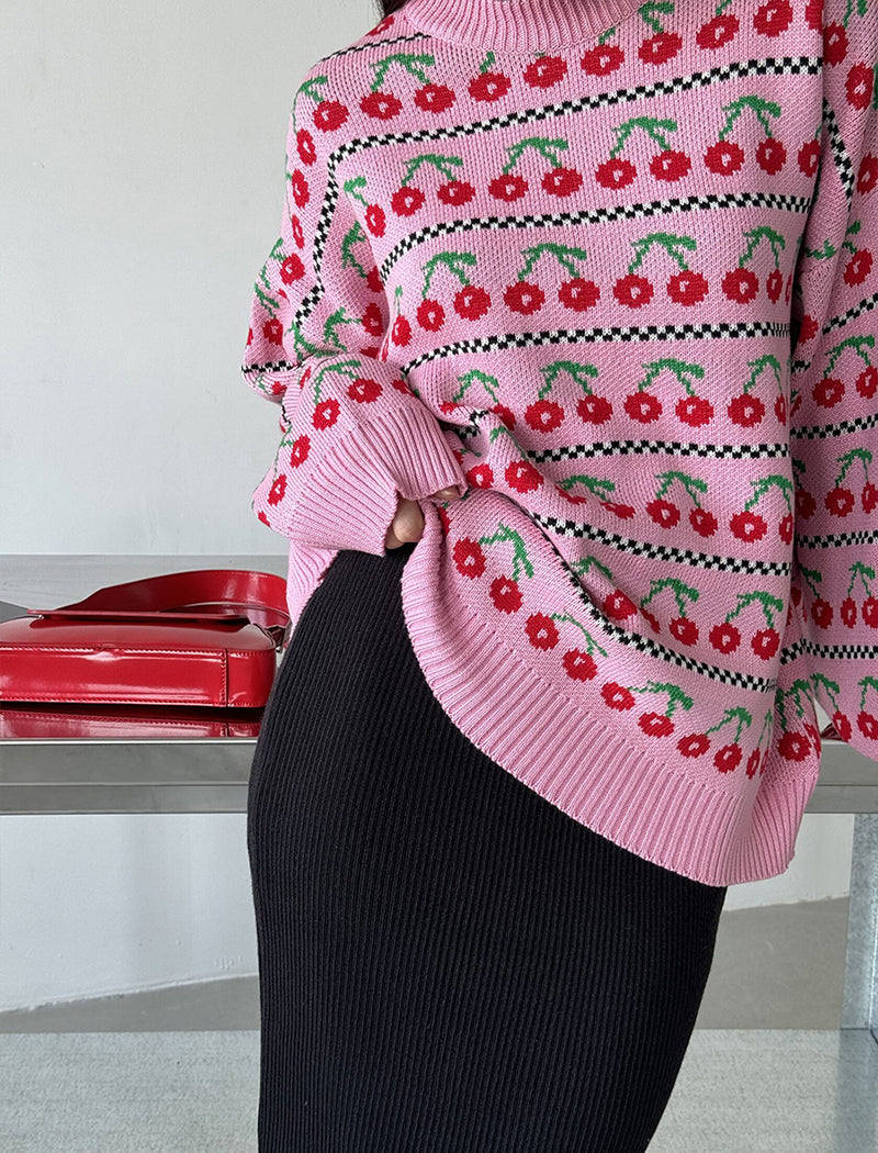 Cherry Pattern Oversized Knit Sweater