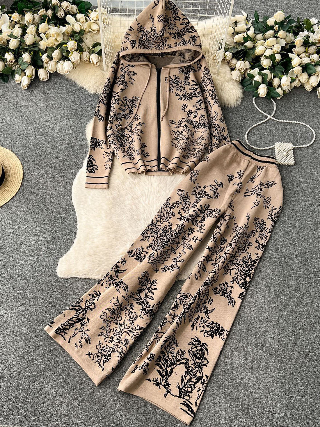 Floral Drawstring Hoodie and Wide-Leg Pants Set [NON-RETURNABLE]