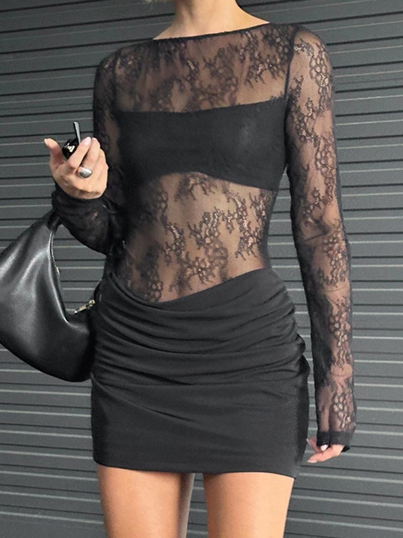 Lace Long Sleeve Ruched Mini Dress