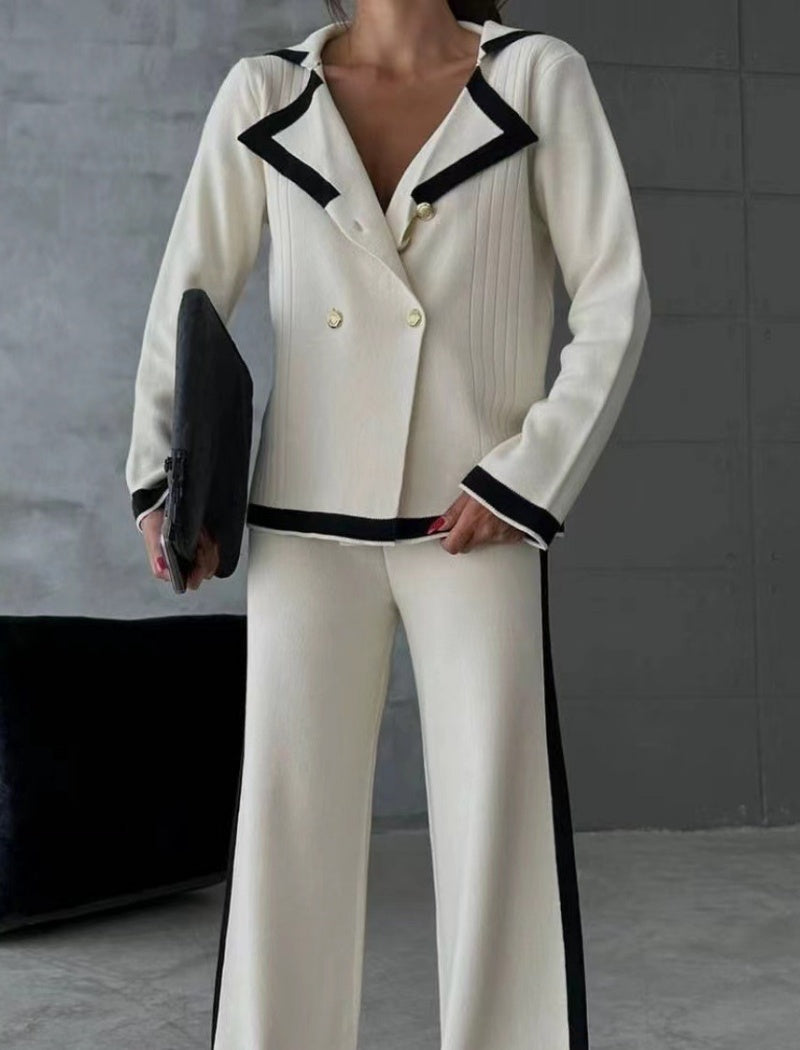 Contrast Trim Double-Breasted Suit Set