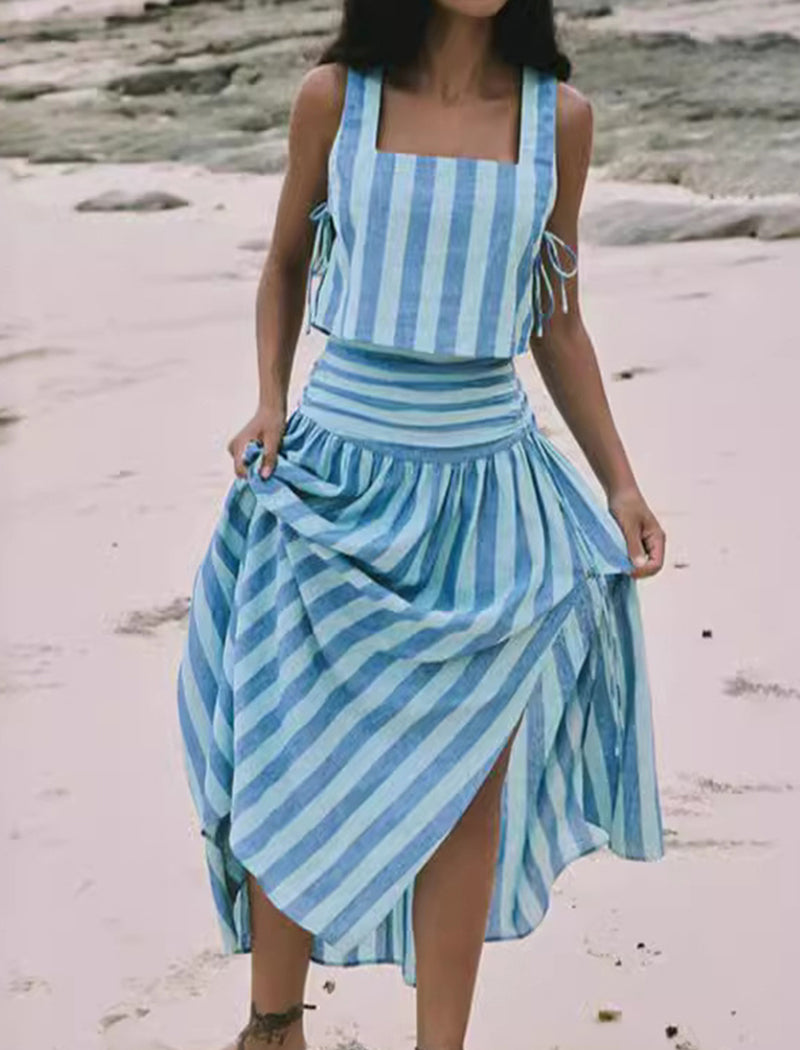 Striped Tank Top and Flared Skirt Two-Piece Set