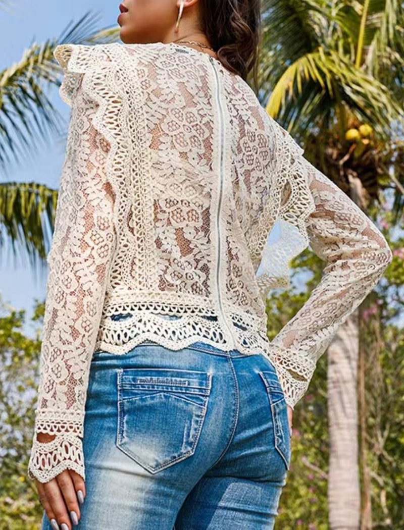 Long Sleeve Lace Top with Ruffle Detail