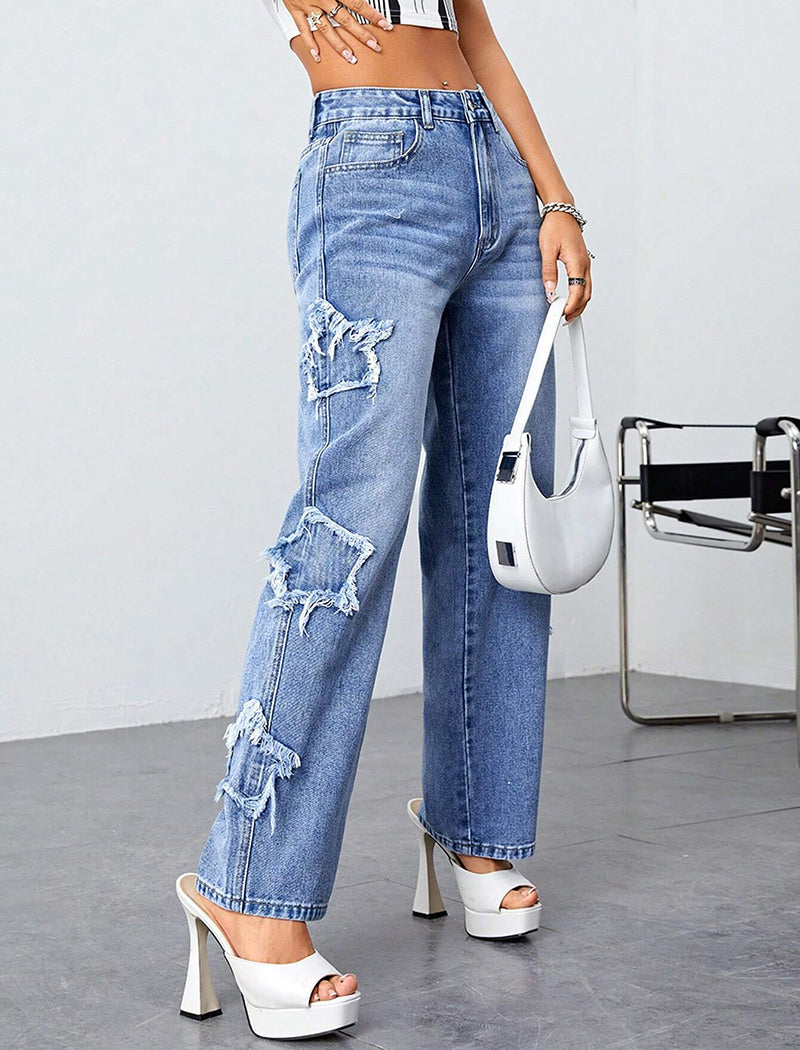 Distressed Wide-Leg Jeans with Star Details