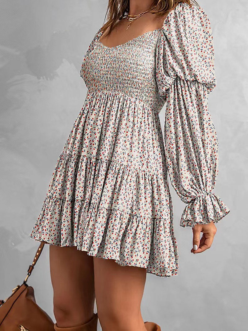 Ditsy Floral Smocked Ruffled Off-the Shoulder Mini Dress