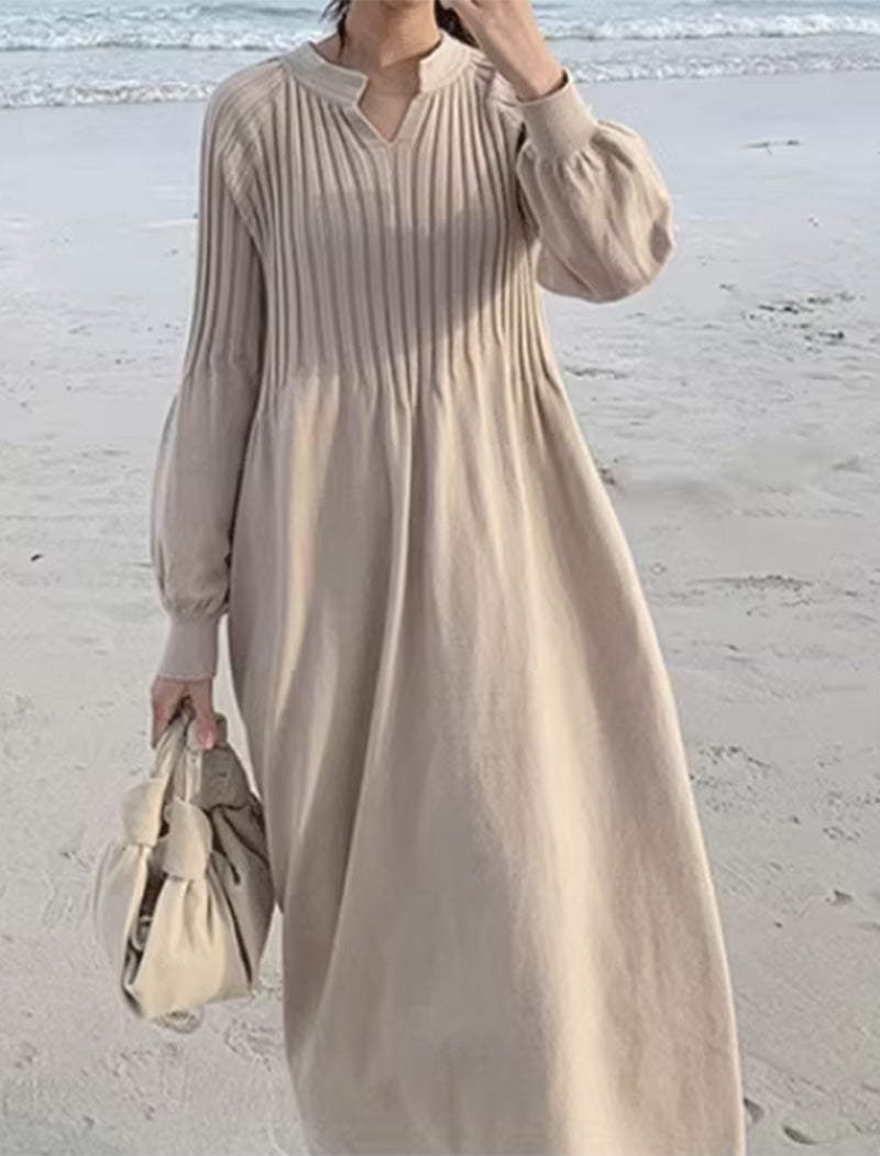 Ribbed V-Neck Long-Sleeve Dress