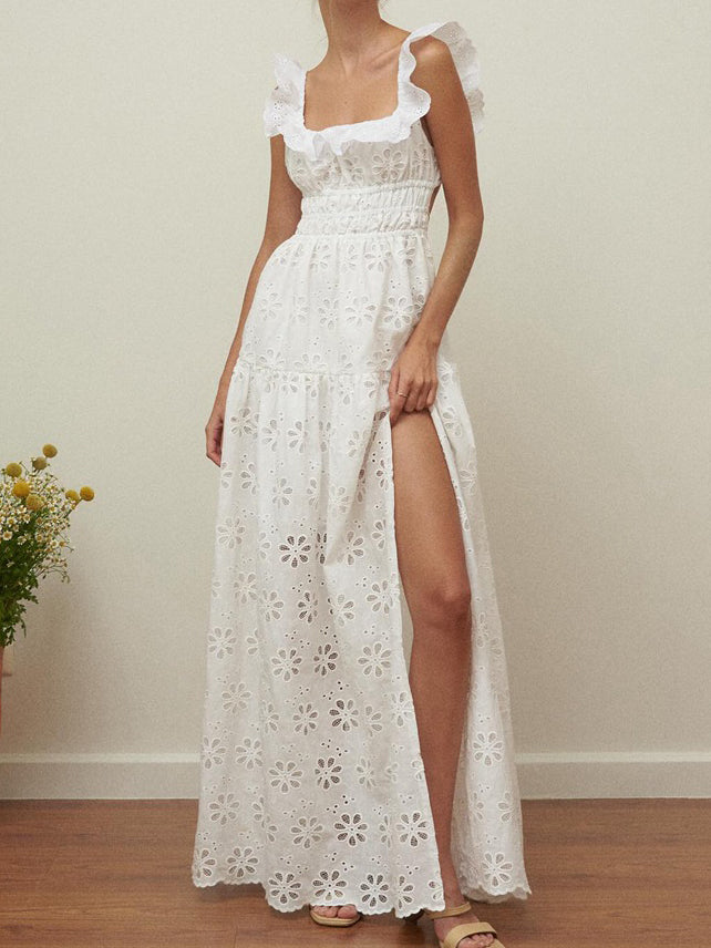 Eyelet Ruffle Sleeve Maxi Slit Dress