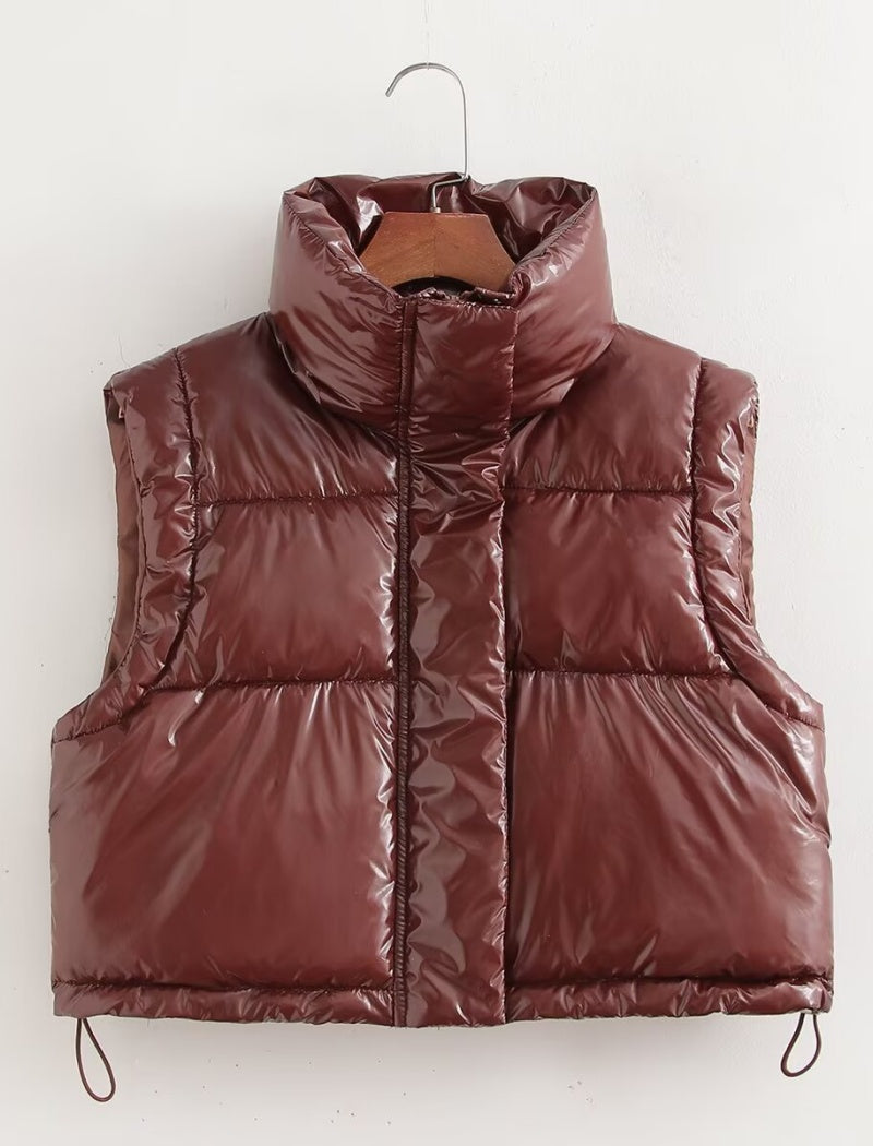 Glossy Padded Vest with High Neck