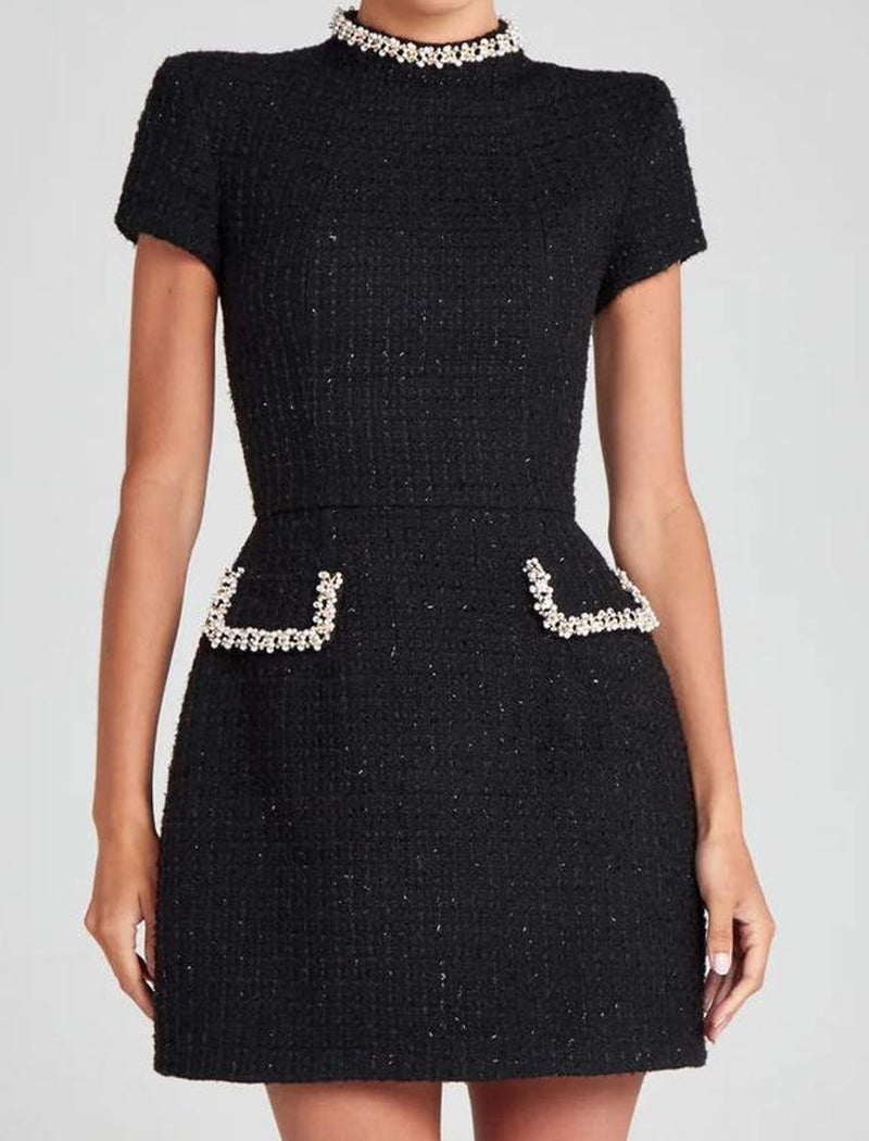 Round Neck Beaded Tweed Dress