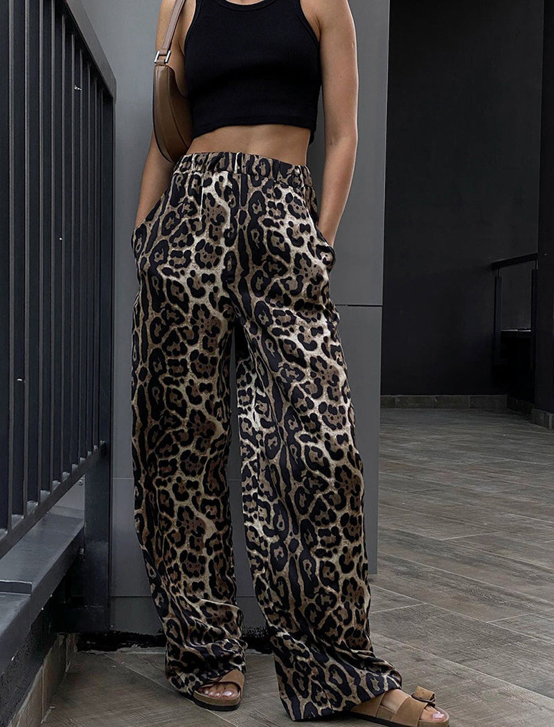 Wide-Leg Satin Animal Print Pants