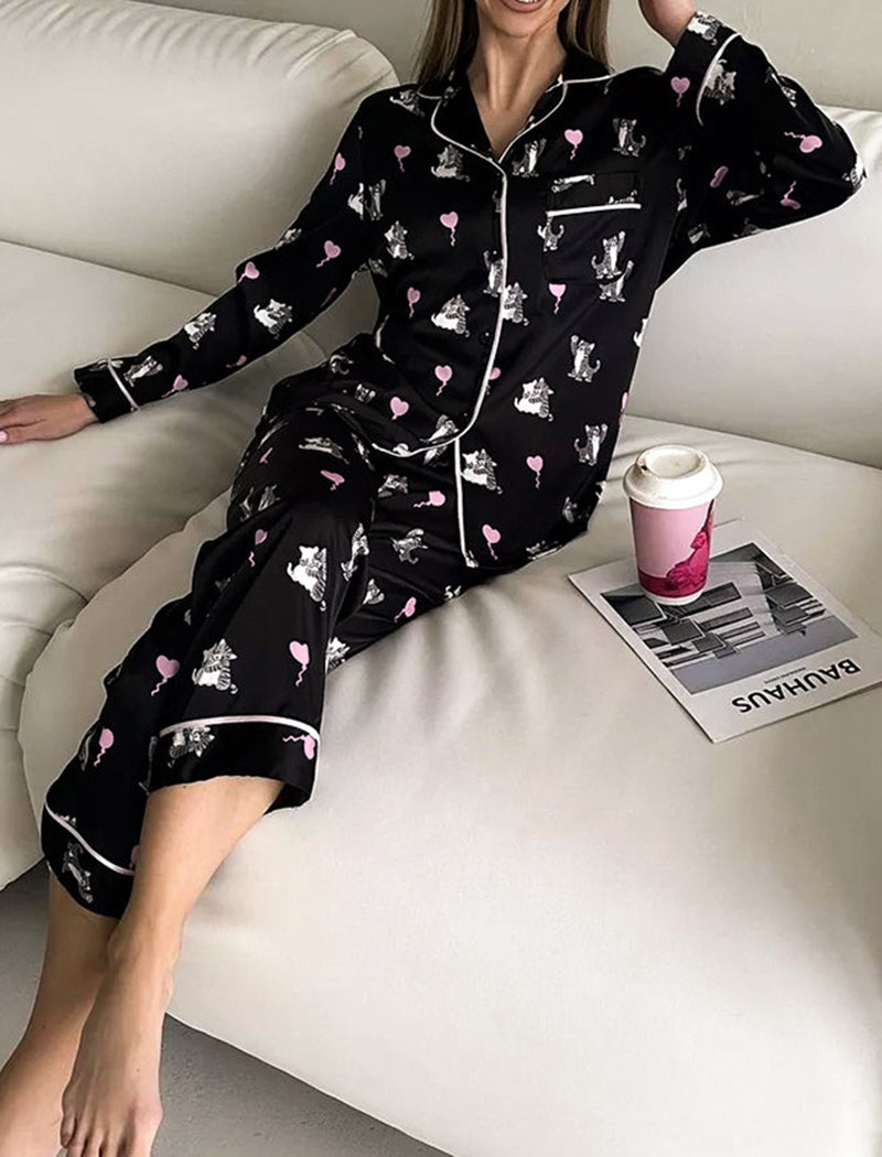 Satin Pajama Set with Cat Print