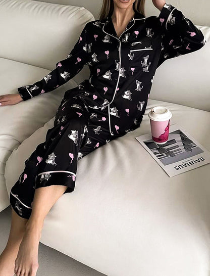 Satin Pajama Set with Cat Print
