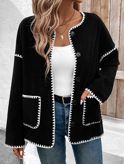 Contrast Stitch Button-Up Cardigan