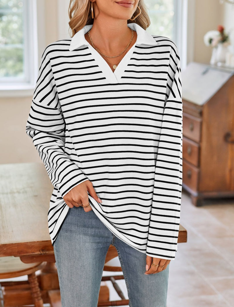 Striped V-Neck Casual Loose-Fit Top