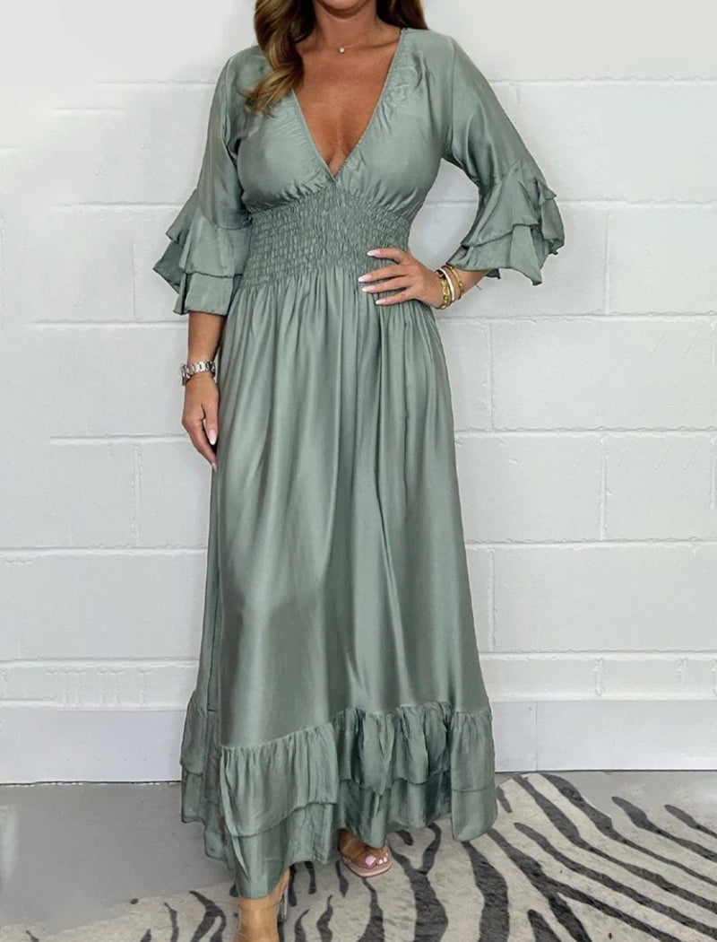 Satin V-neck Ruffle Maxi Dress