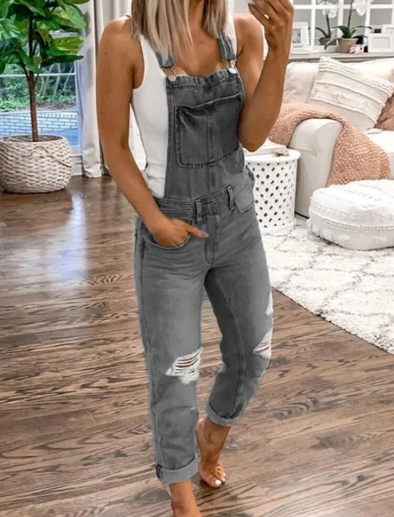 Double Strap Ripped Denim Jumpsuit