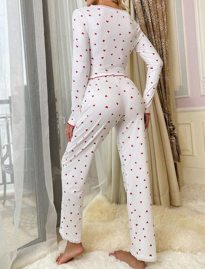 Rolled-Cuff Heart V-Neck Long Sleeve Pajama Set