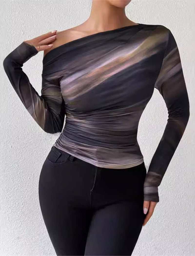 One-Shoulder Long-Sleeve Ruched Top