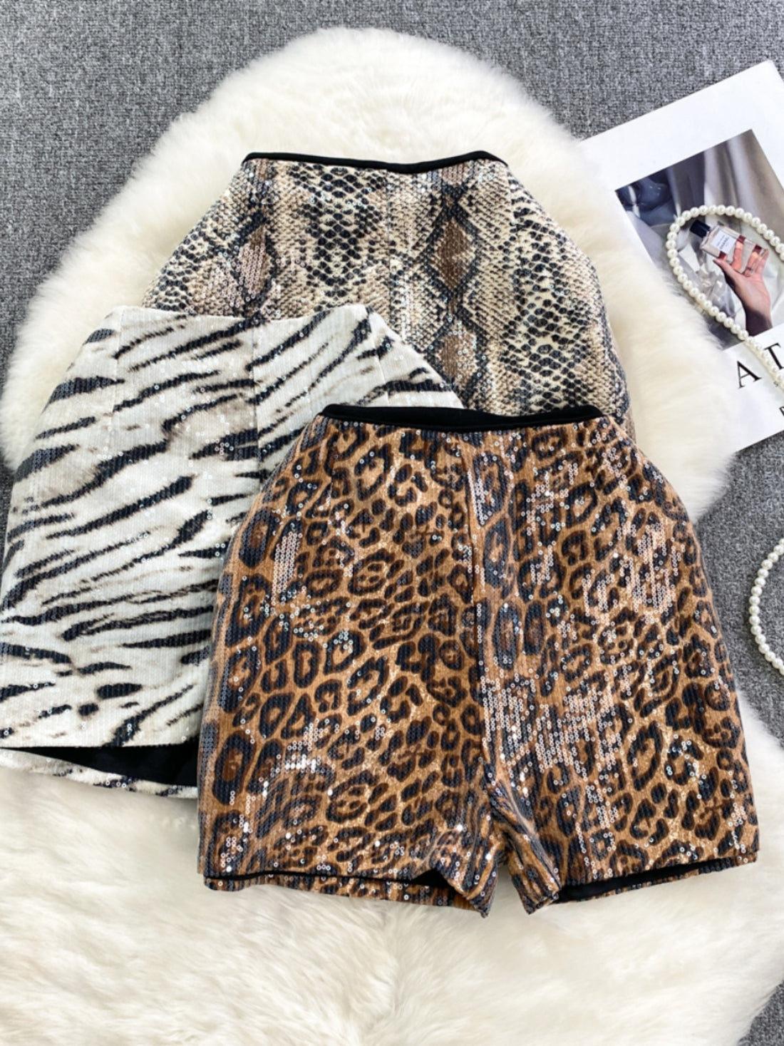 Animal Print Sequin High-Rise Shorts