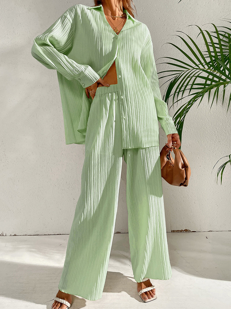 Pleated Button-Up Shirt and Wide-Leg Pants