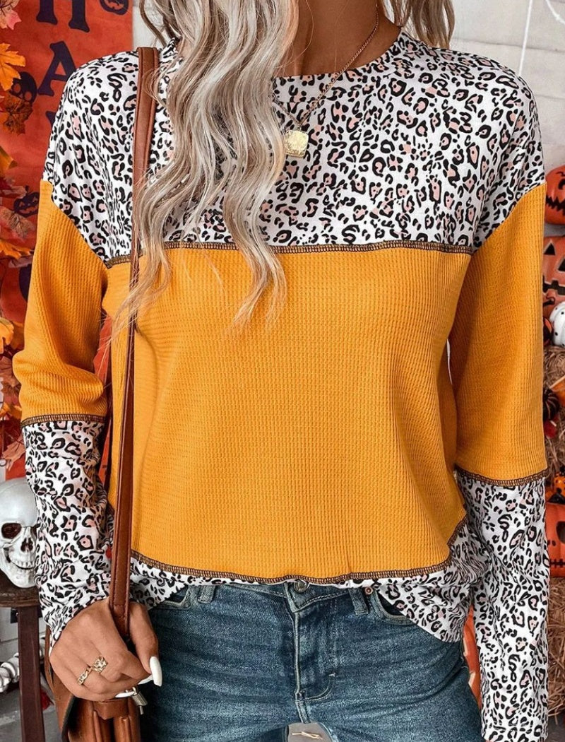 Leopard Patchwork Waffle Knit Sweater