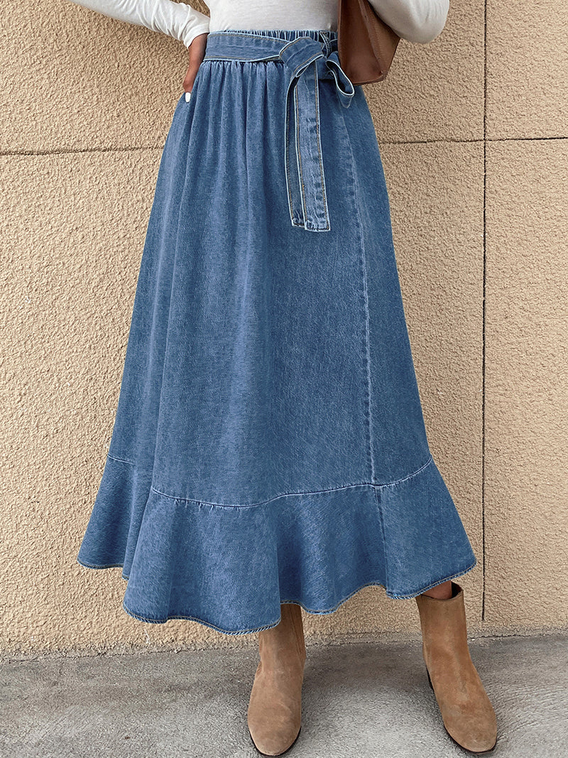 Denim Self-Tie Midi Skirt