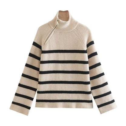 Striped High-Neck Pullover Sweater