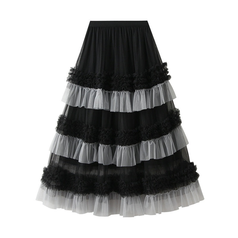 Tiered Ruffle Mesh Midi Skirt