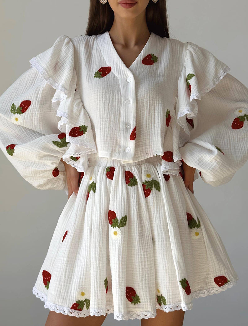 Ruffle Strawberry Print Top and Skirt Set