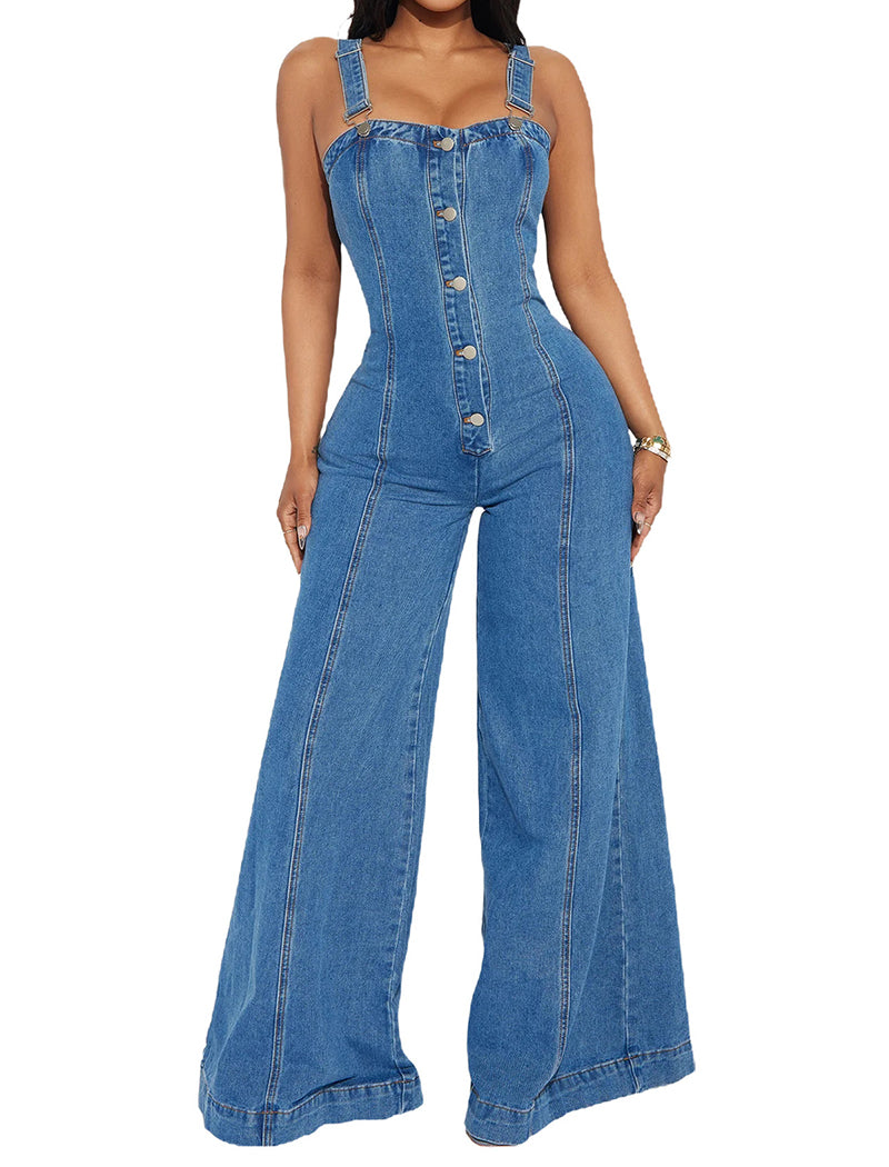 Wide-Leg Button-Up Denim Jumpsuit