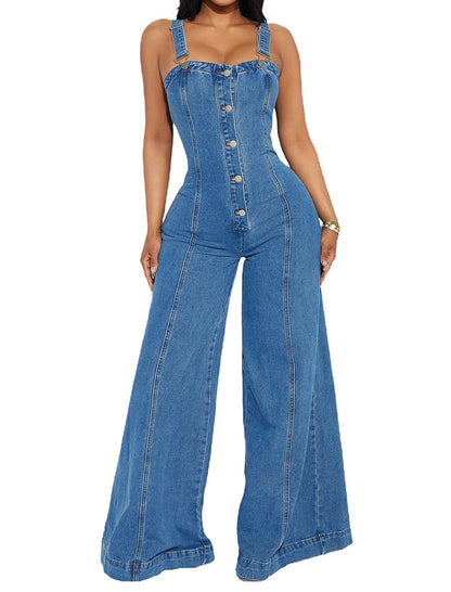 Wide-Leg Button-Up Denim Jumpsuit