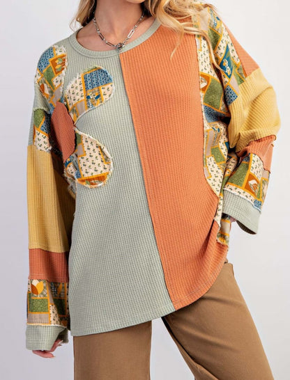 Patchwork Oversized Waffle Knit Top