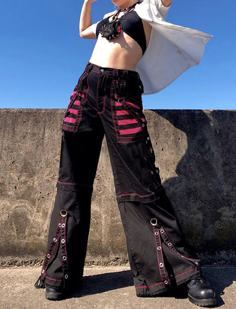 Color-Block Striped Mesh-Panel Wide-Leg Pants