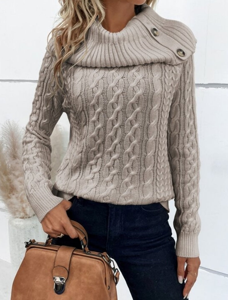 Buttoned Cable Knit Turtleneck Sweater