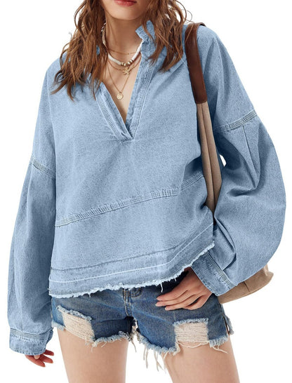 Distressed Hem Denim Pullover Top