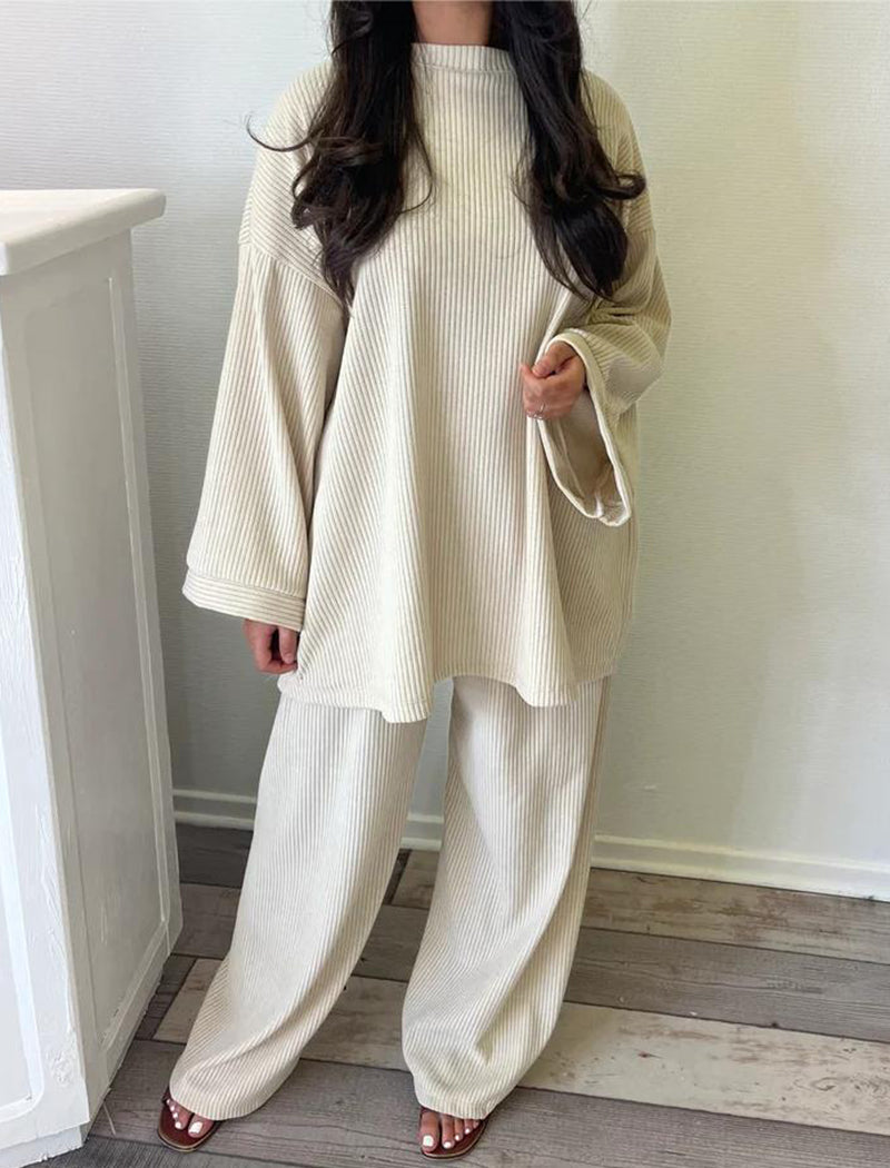 Corduroy Solid Color Crew Neck Long Sleeve Top and Pants Set