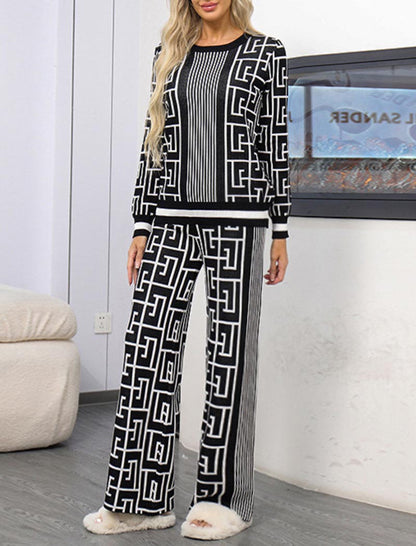 Geometric Pattern Top and Wide-Leg Pants Set