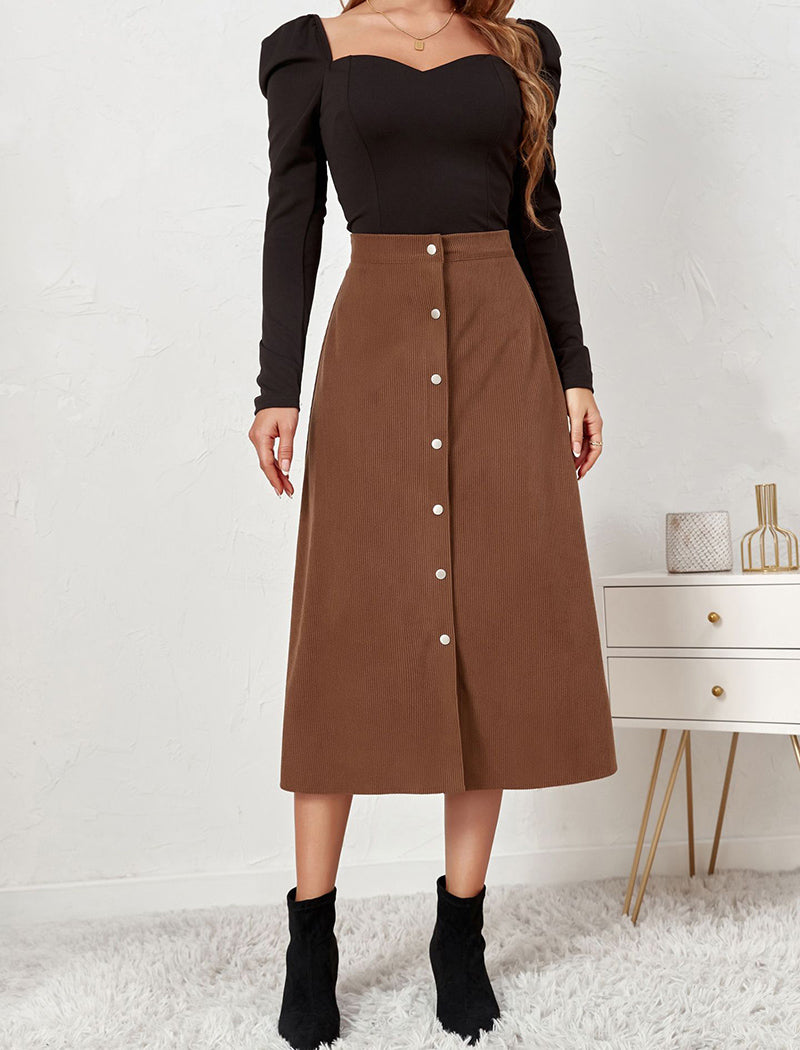 Button-Front A-Line Midi Skirt