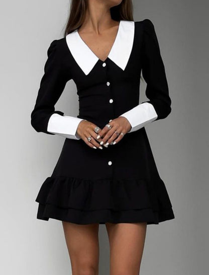 Contrast Collar Buttoned Ruffle Dress