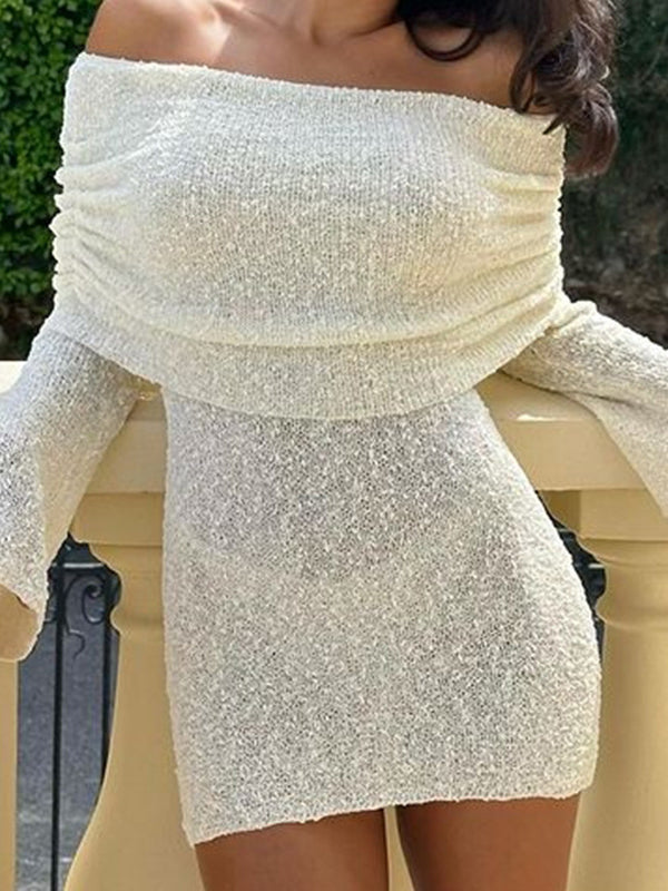 Knit Off-Shoulder Long Sleeve Mini Dress