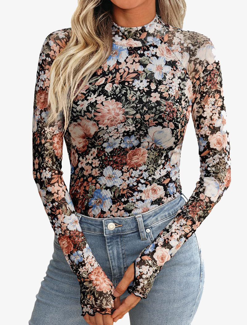 Floral Mesh Long-Sleeve Top with High Neck