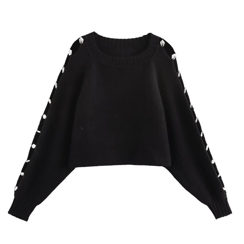 Crew Neck Ball-embellished Long Sleeve Knit Sweater