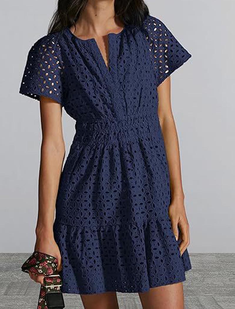 Eyelet Short-Sleeve Mini Dress