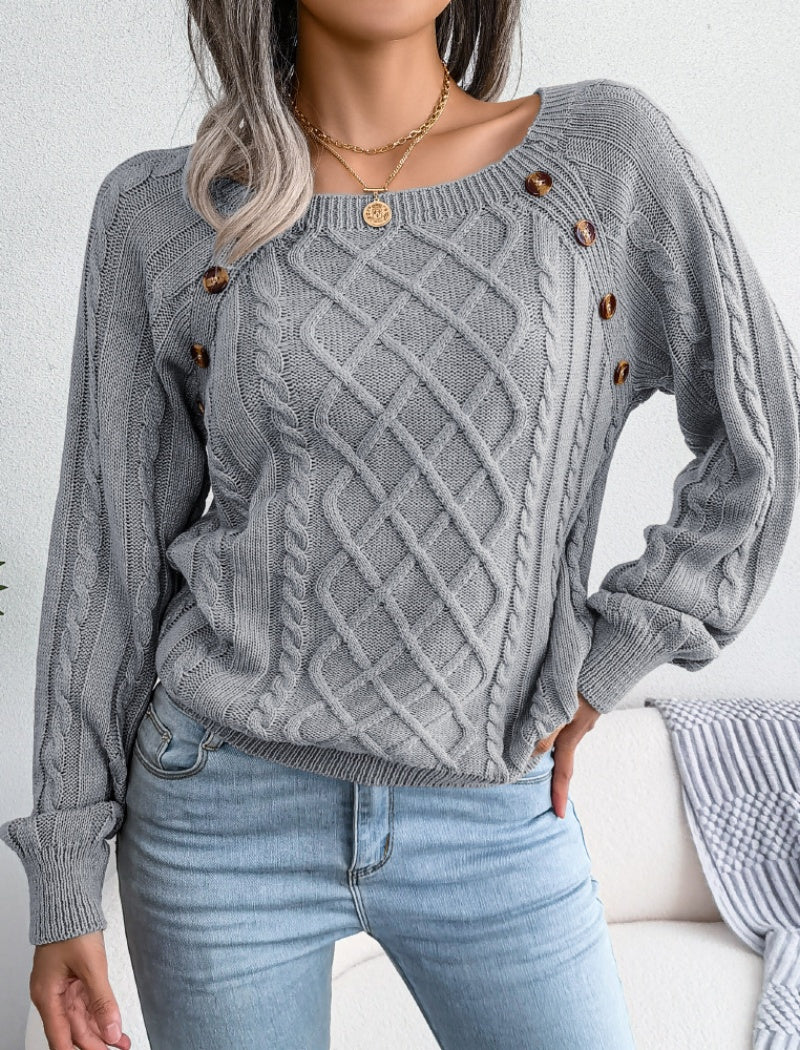 Cable Knit Sweater with Button Accents