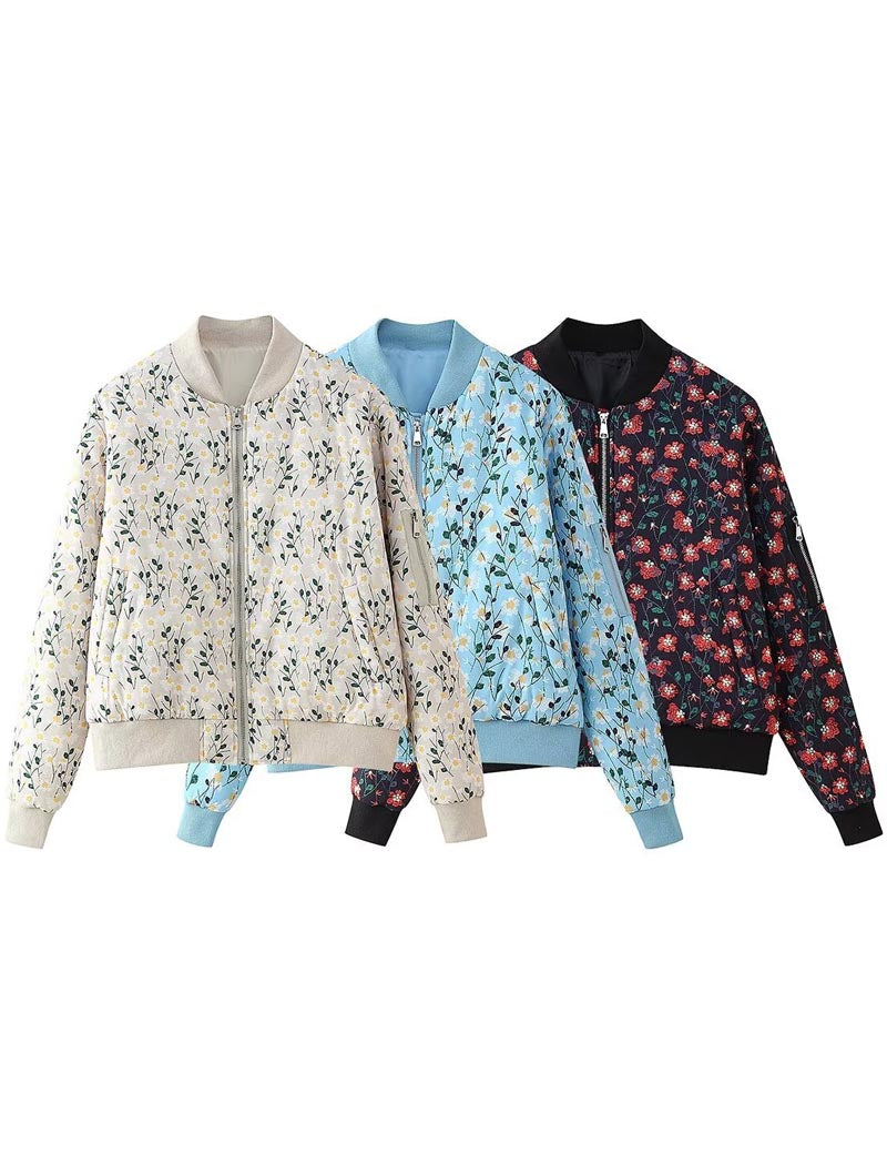 Floral Print Zipper Bomber Quilted Jacket