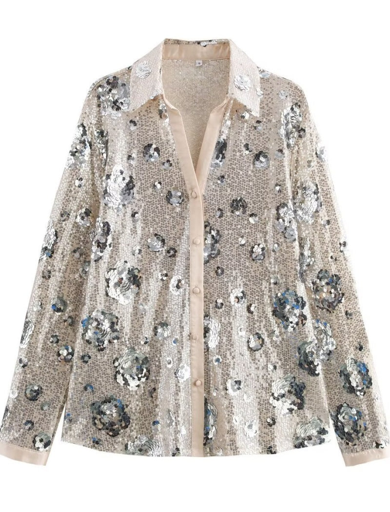 Sequin Loose-Fit Long Sleeve Button-Down Shirt