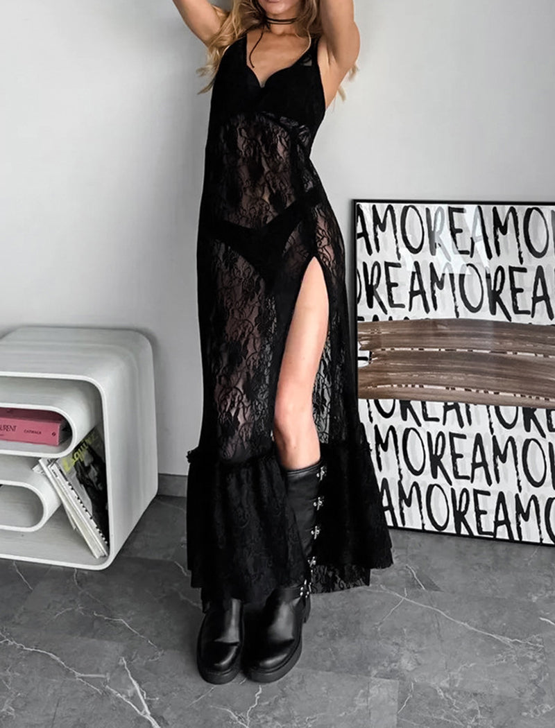 Sexy Lace Sheer Cami High Slit Nightgown