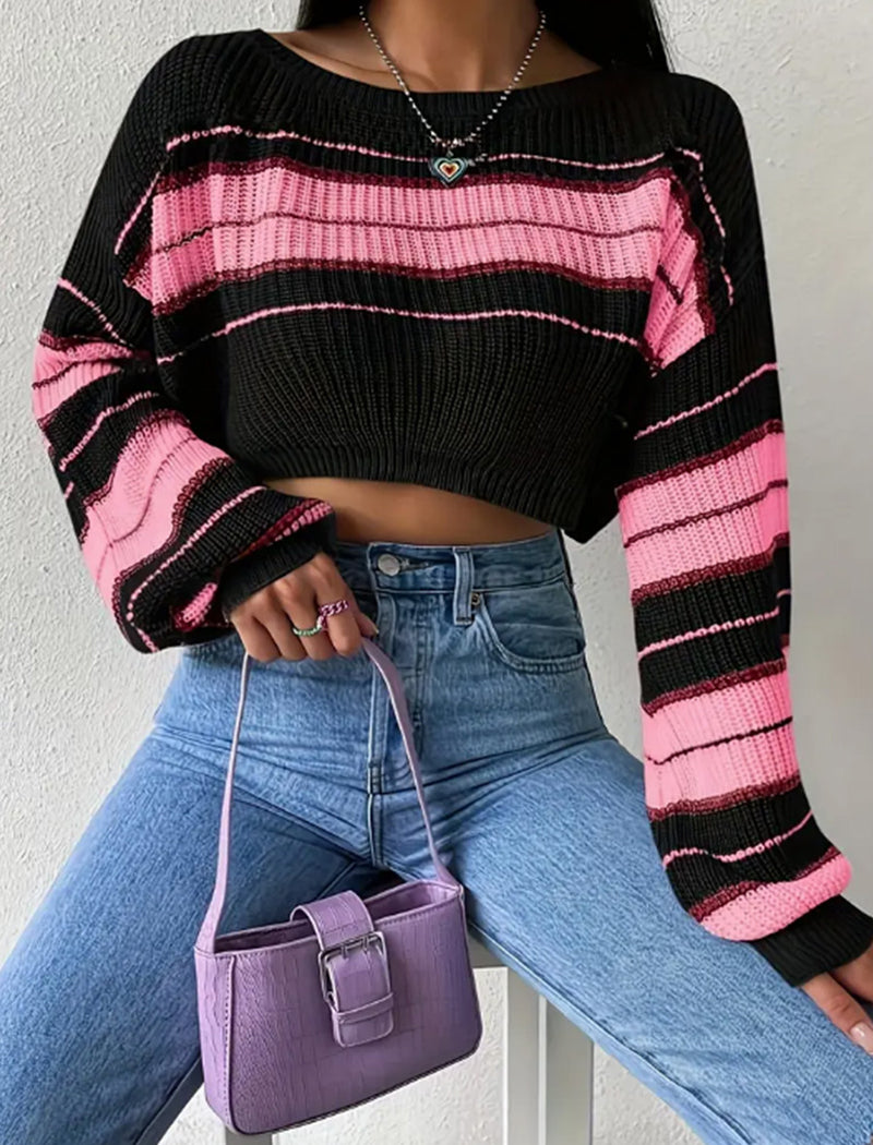 Color Block Striped Drop Shoulder Knit Sweater