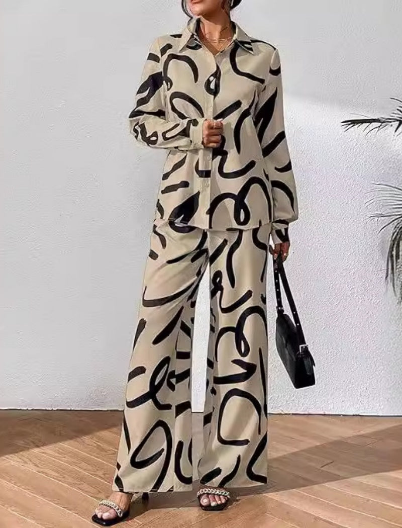 Casual Shirt and Wide-Leg Pants Two-Piece Set