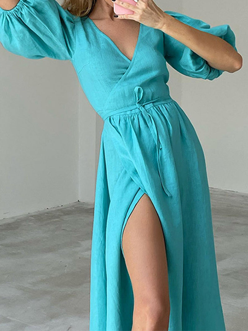 Puff Sleeve Wrap Maxi Dress